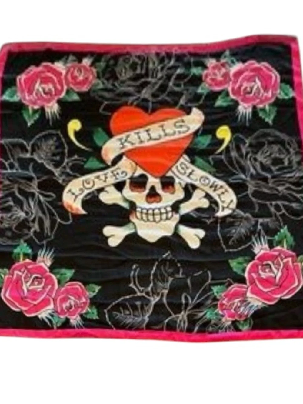 Ed Hardy 43” x 43” Black Skull & Heart Rose Scarf with Pink Trim